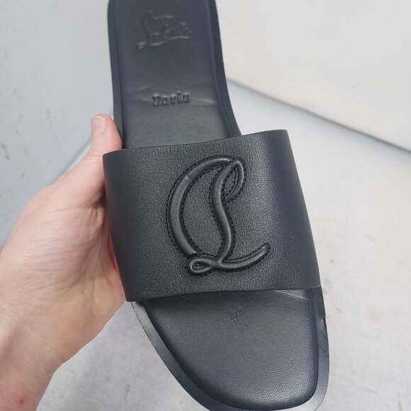 Christian Louboutin Black Flat CL Logo Mule Slide Sandal - Picture 3 of 10